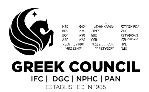 A circular black emblem featuring a stylized Greek temple, encircled by a laurel wreath and the words “Diversified Greek Council, Est. 1999.”