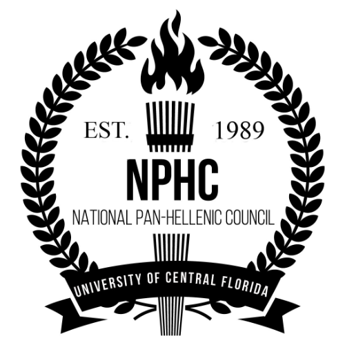 A black-and-white torch inside a laurel wreath with text that reads “NPHC, National Pan-Hellenic Council, University of Central Florida, Est. 1989.”